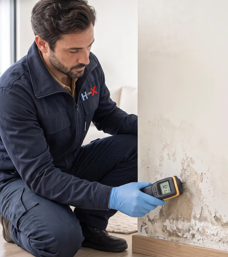 Rising damp and blown plaster at the bottom of a wall in Belfast